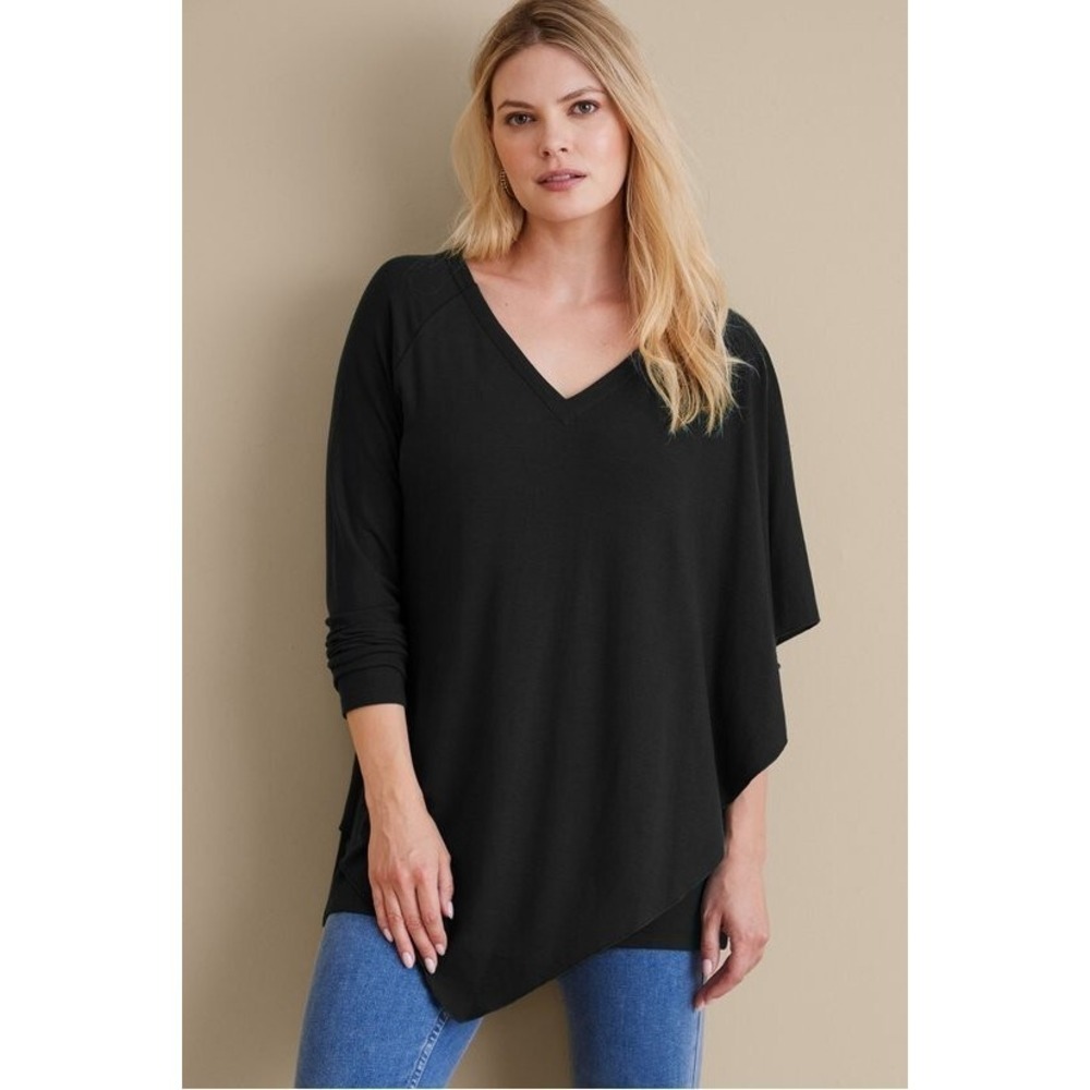 Soft Surroundings Shirt Women M Black Madeline Tunic Lagenlook Asymmetrical Cape